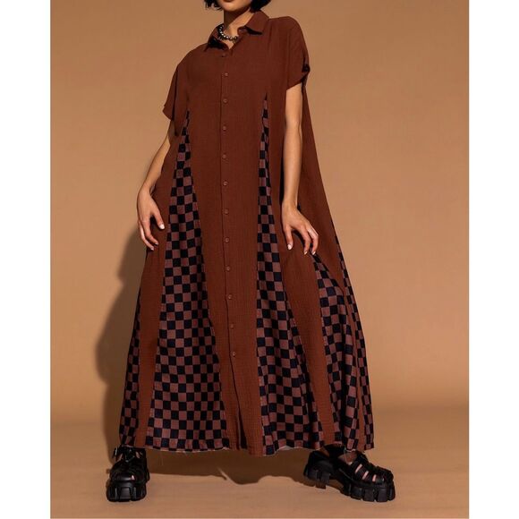 Dressed in LALA Dresses & Skirts - Dressed in LALA California Cool Oversized Brown & Black Checkered Maxi Dress XS